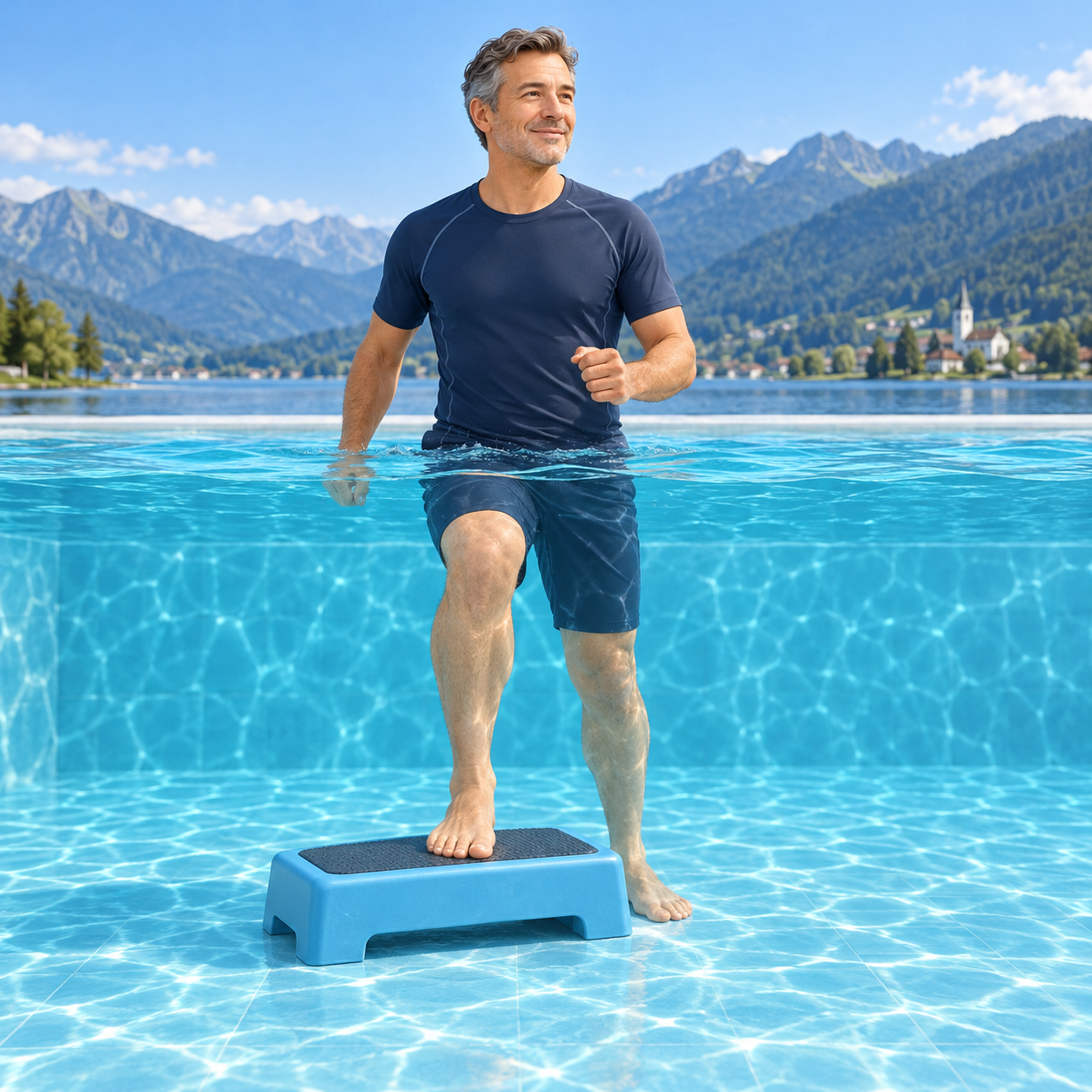 Illustration eines Teilnehmers beim Training auf einer AquaStep-Box